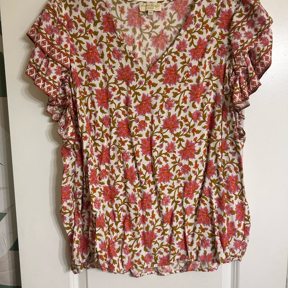 Cynthia Rowley Pink and Green Floral Blouse